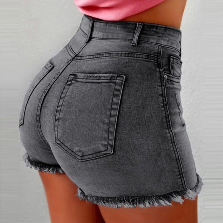 Dame High-Waist Jeans-Shorts med frynset kant Stilla