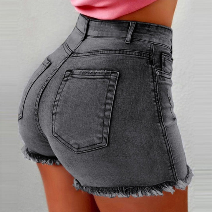Dame High-Waist Jeans-Shorts med frynset kant Stilla