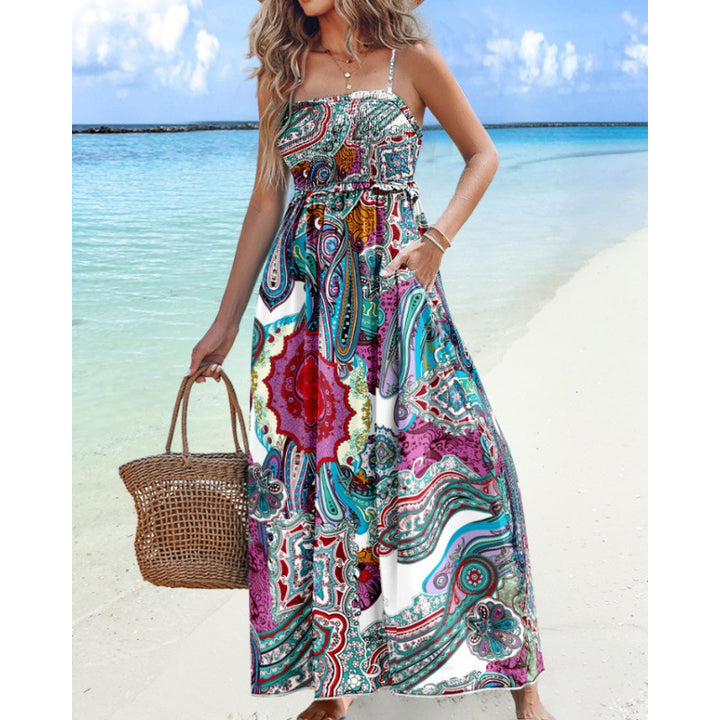 Dame Bohemian Paisleytrykt Maxi Kjole med justerbare stropper Stilla