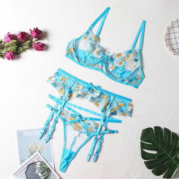 Dame Floral Spids Broderi Undertøj Set Stilla