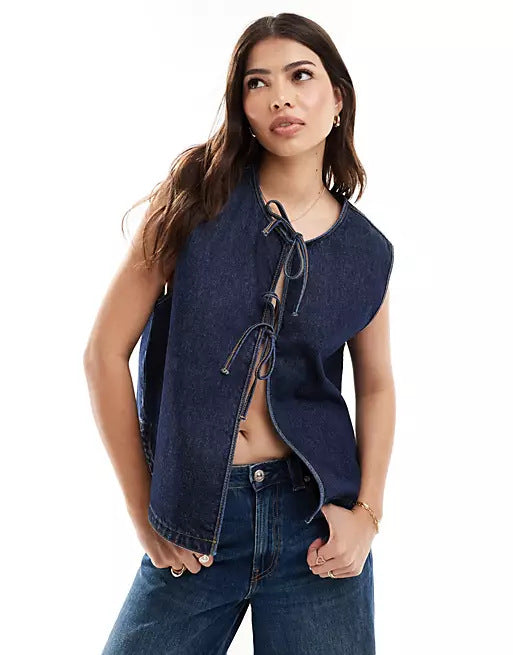 Dame Denim Bustier-vest med snørelse Skovae