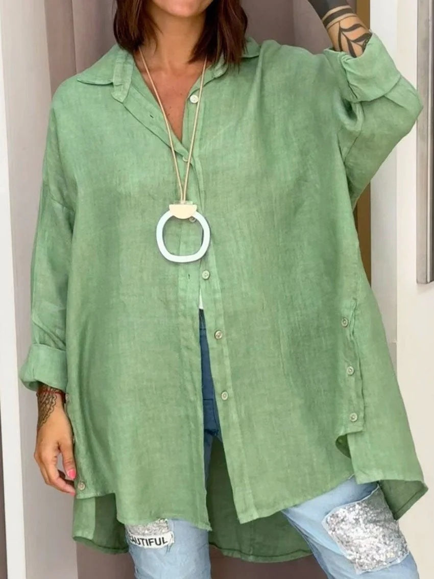 Dame Lækre Linned Bluse med asymmetrisk snit og praktiske knapper Stilla