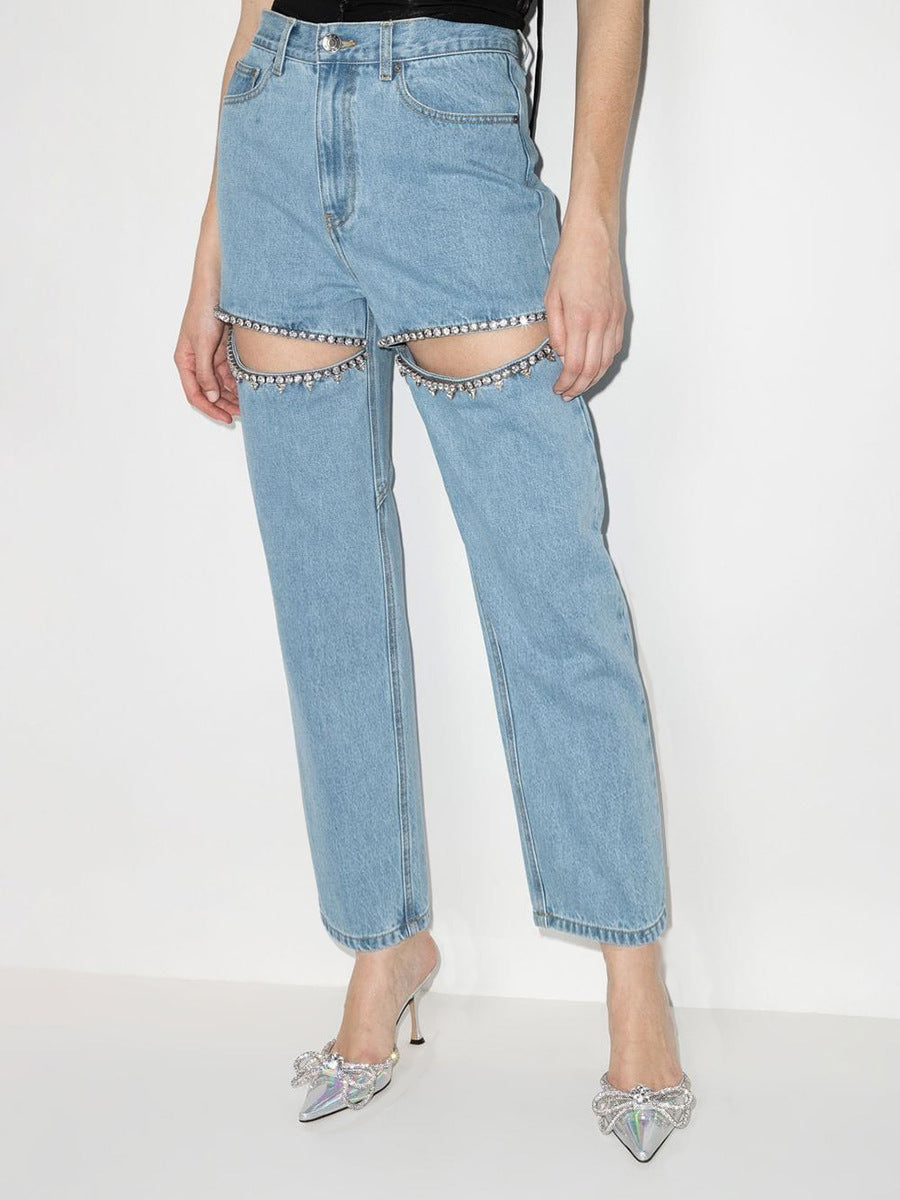 Dame højskårne jeans med stribede cut-out-detaljer og stilfulde strass-applikationer Stilla
