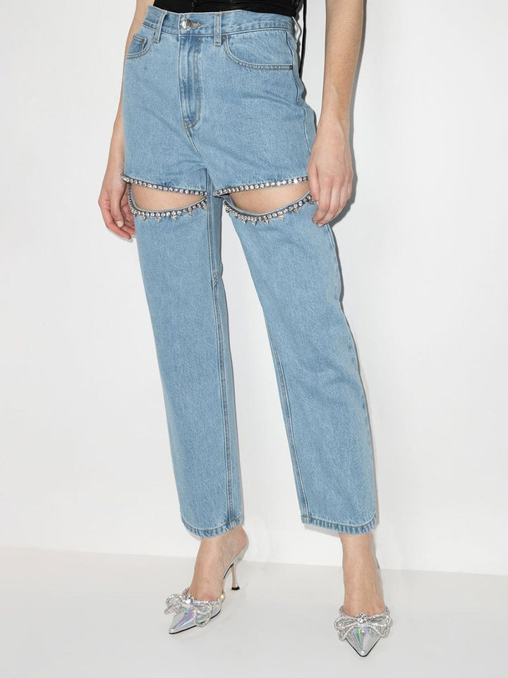 Dame højskårne jeans med stribede cut-out-detaljer og stilfulde strass-applikationer Stilla