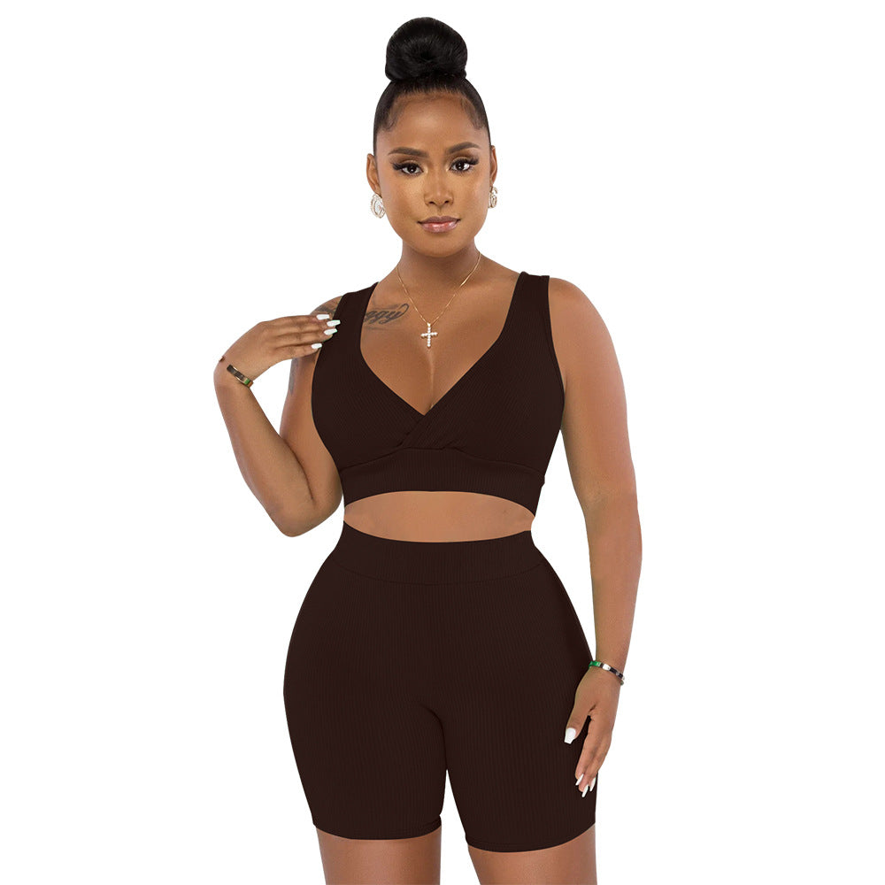 Dame Sporty Sæt af Cropped Top og Cykelshorts med Ribstruktur Stilla