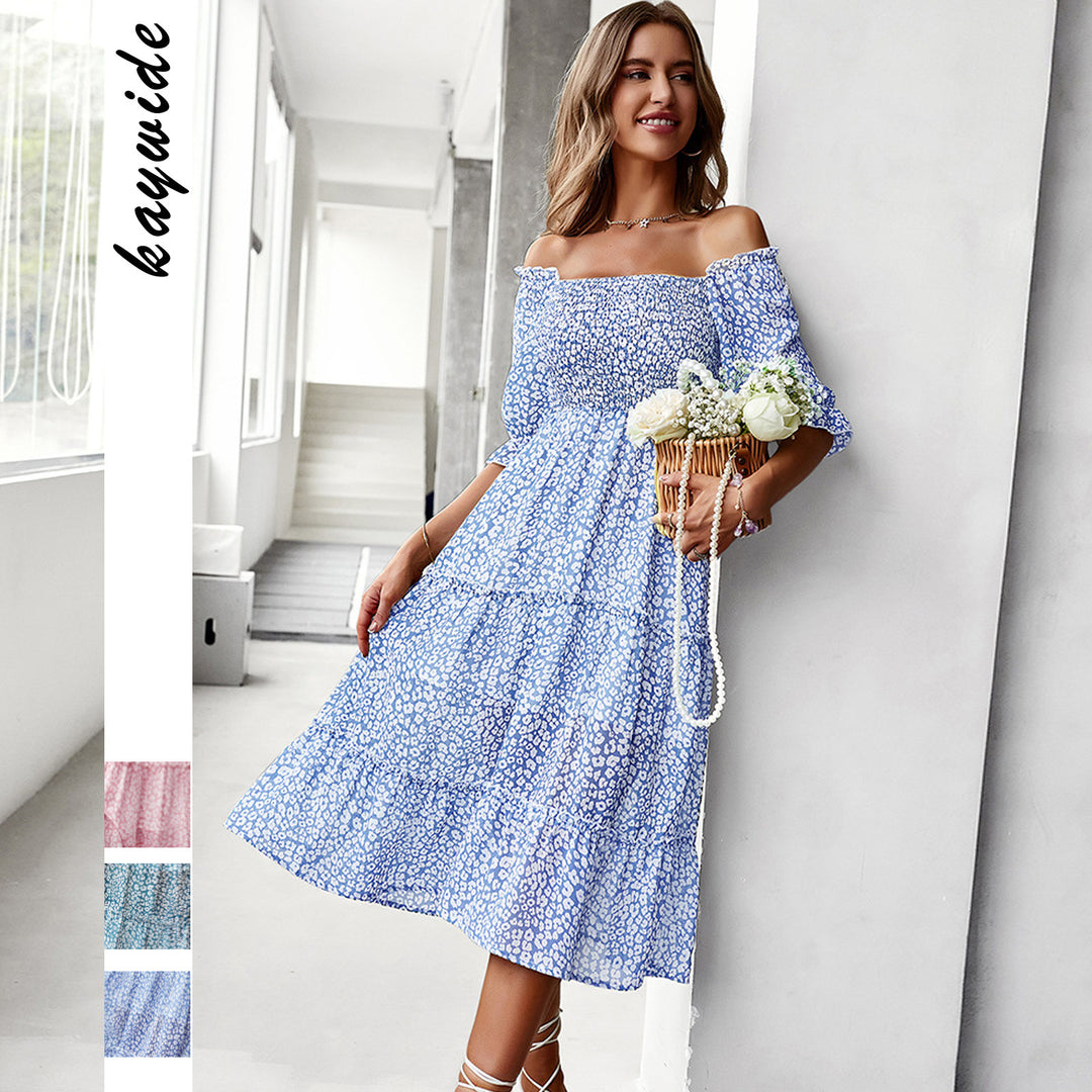 Dame Off-Shoulder Kjole med Rynkedetaljer og Bohemian Stil Stilla