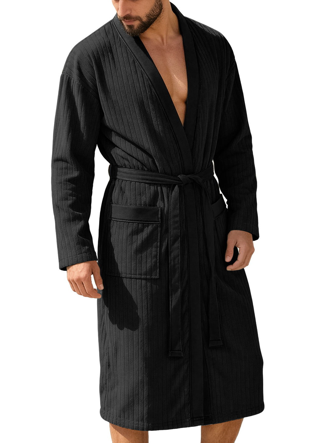 Herrer nan wadenlang Ribbadekåbe i kimono-stil med sjalkrave og kontrastpaspel Skovae