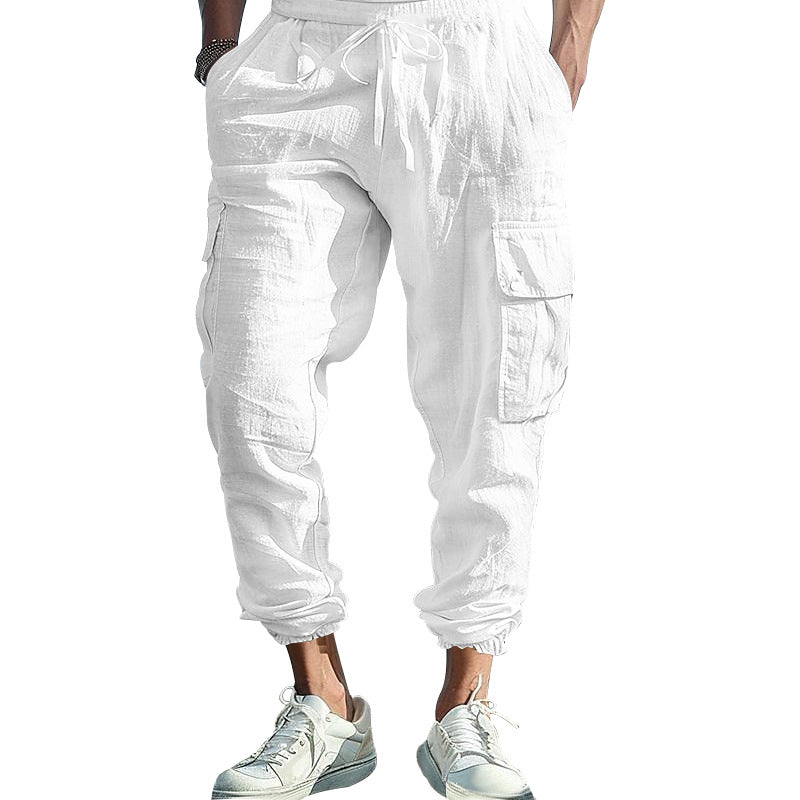 Herren nan afslappede linned cargo joggers med snoretræk, store klaplommer og elastisk ankelafslutning Skovae
