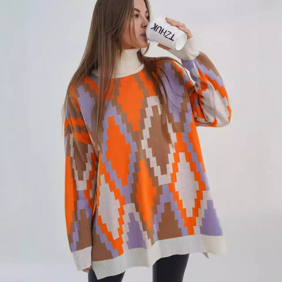 Dame Oversized Strikpullover med grafisk Jacquard-mønster og afslappet snit Stilla