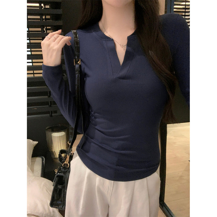 Dame Rib Langærmet Henley Top med moderne V-udskæring Stilla