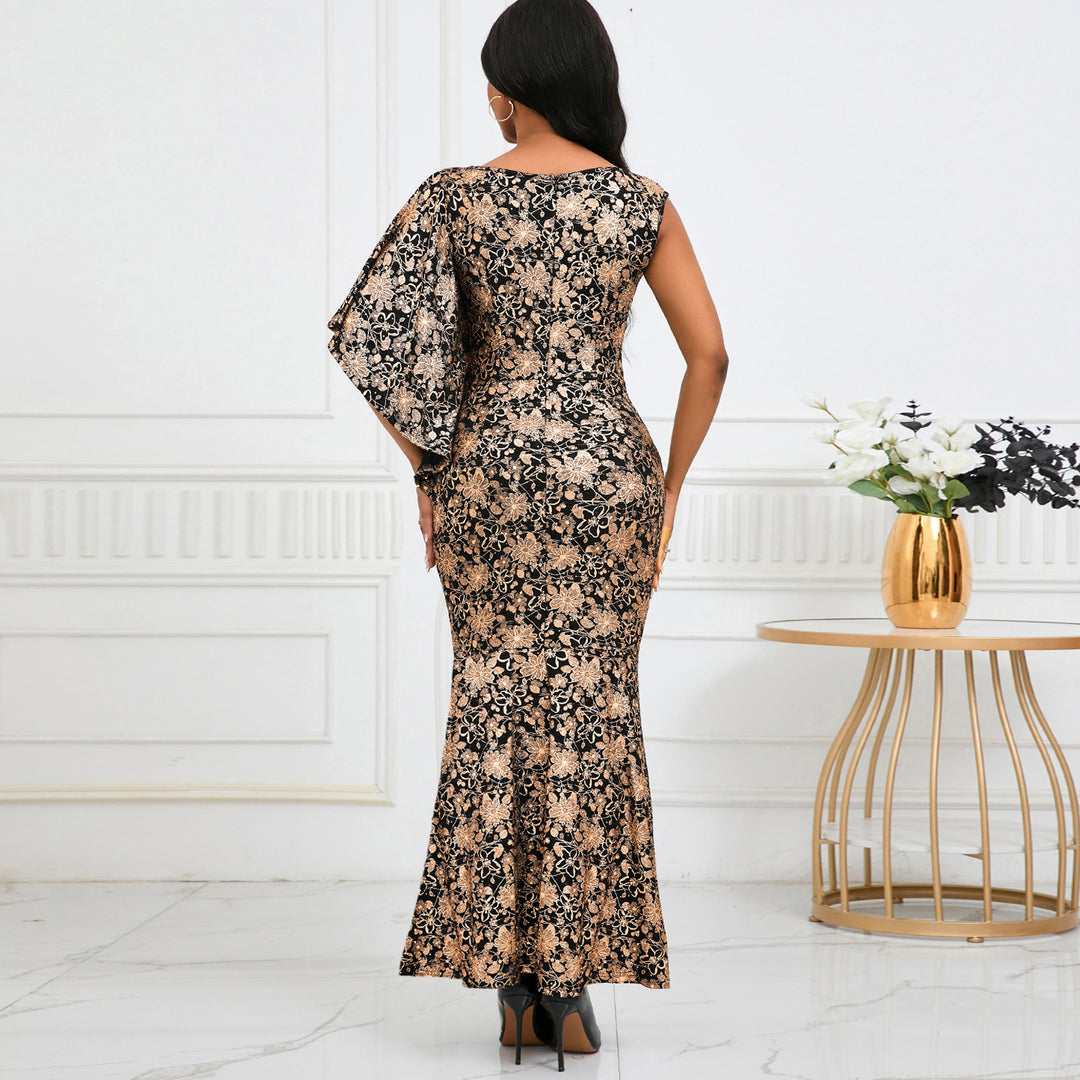 Dame elegant aftenkjole med asymmetrisk snit og luksuriøst blomster mønster Stilla