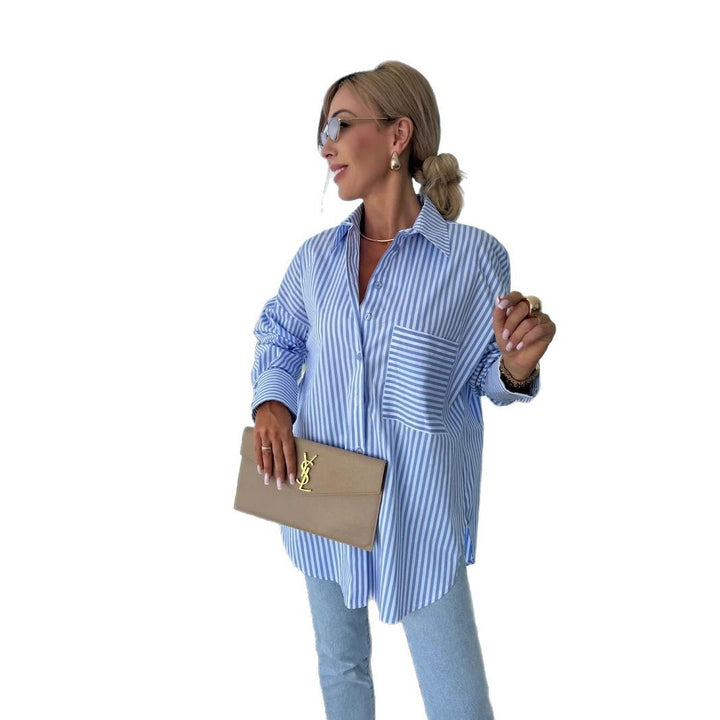 Damer casual skjorte bluse med klassisk stribemønster og påsat brystlomme Stilla