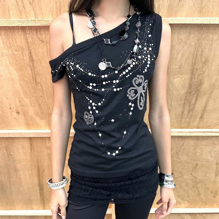 Damen asymmetrisches Tanktop mit stylischem Druck und verzierten Applikationen Skovae