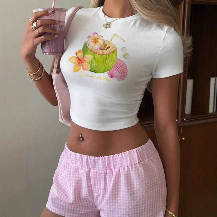 Dame Crop-Top med frugtagtig sommerdesign og afslappet snit Skovae