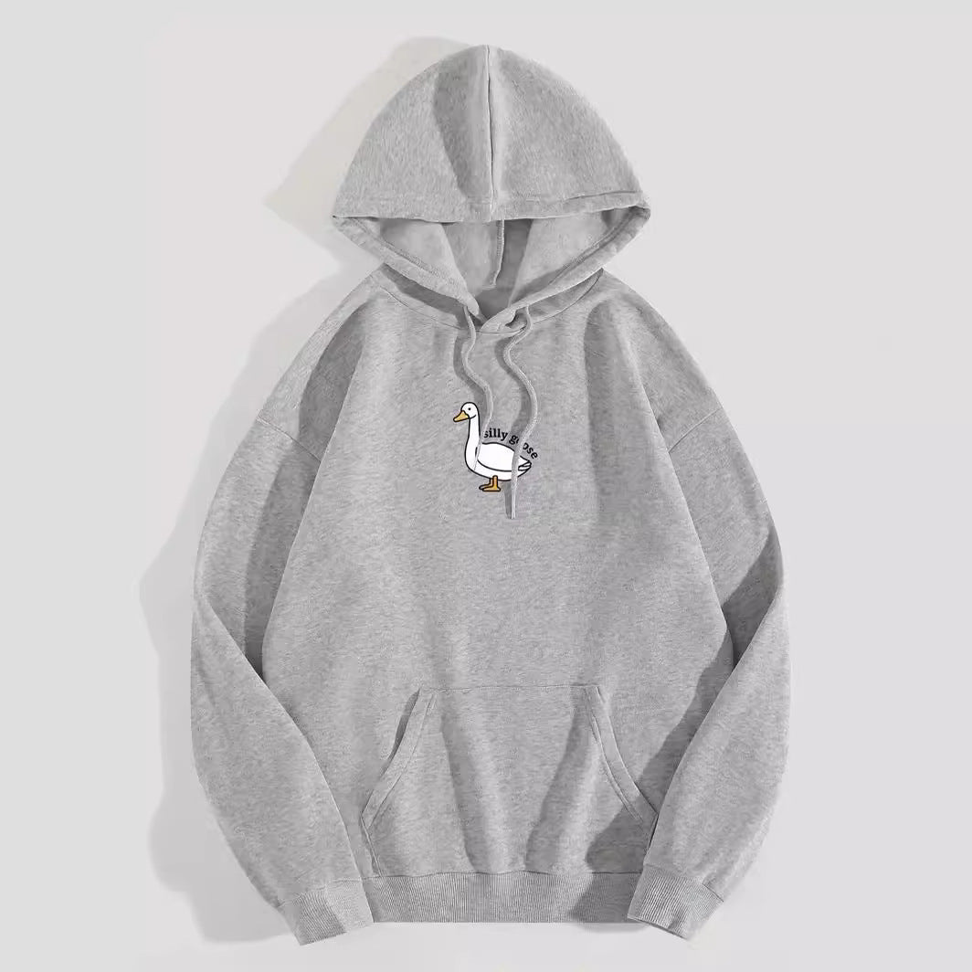 Dame hoodie med kreativ gåsemotiv og blødt fleece indeni Stilla