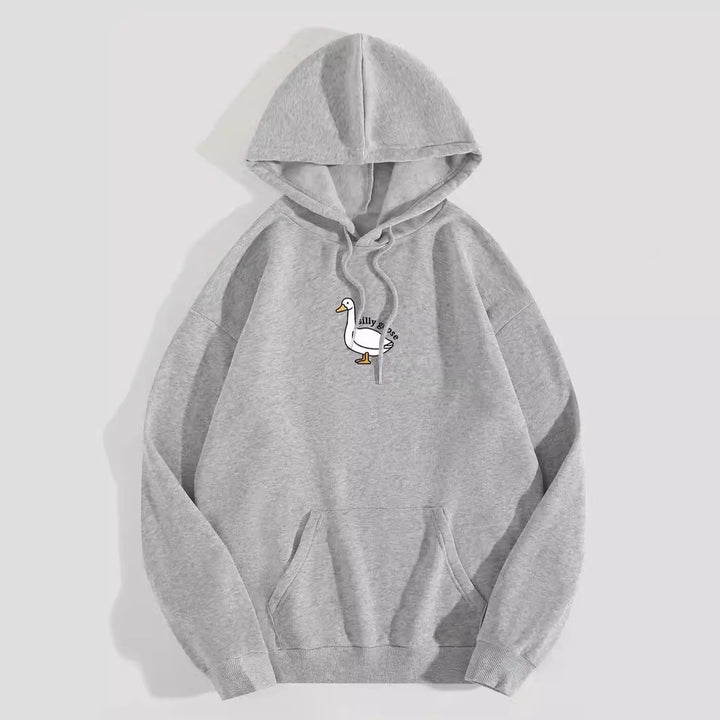 Dame hoodie med kreativ gåsemotiv og blødt fleece indeni Stilla