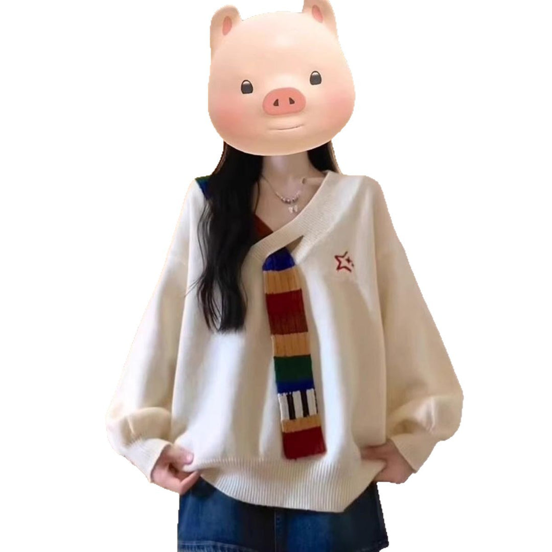 Kvinders stilfulde sweater med V-hals og farverige striber Stilla