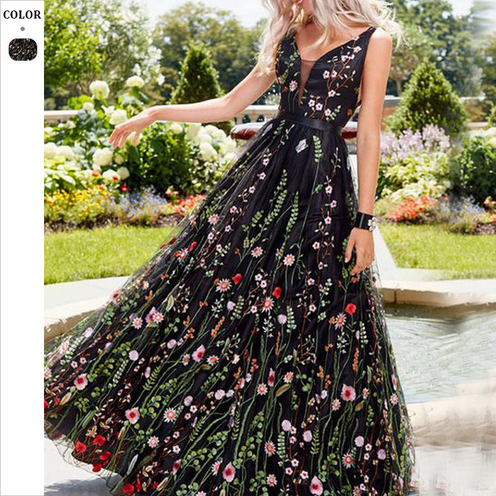 Dame Maxi Kjole med blomster Tulle og dyb V-Udskæring Stilla