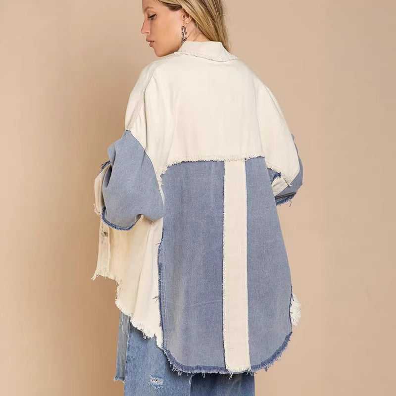 Dame oversized denimjakke med unikke farveblokke og frynser Skovae