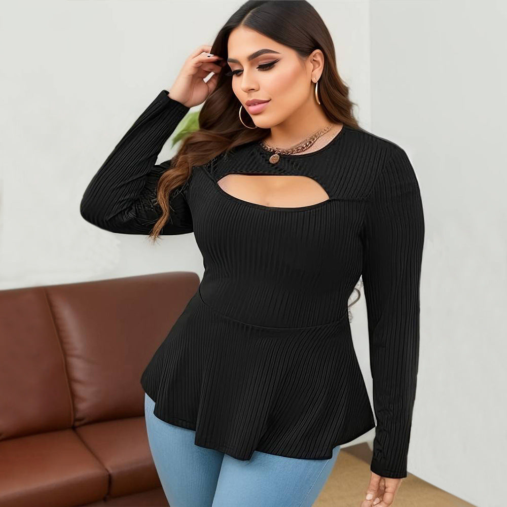 Dame Elegant Langærmet Top med smart Cut-Out og svungent Kant Stilla