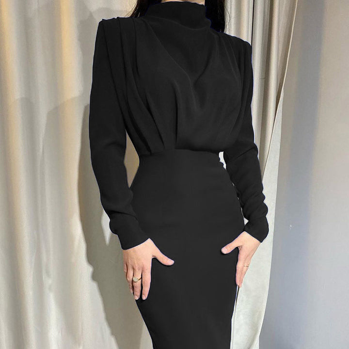 Dame elegant Langærmet kjole med høj hals og drapering Stilla