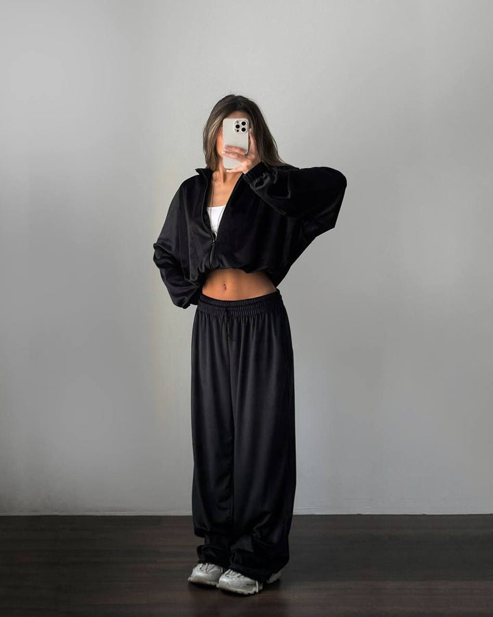 Kvinders fleece loungewear sæt med høj krave og elastisk taljebånd