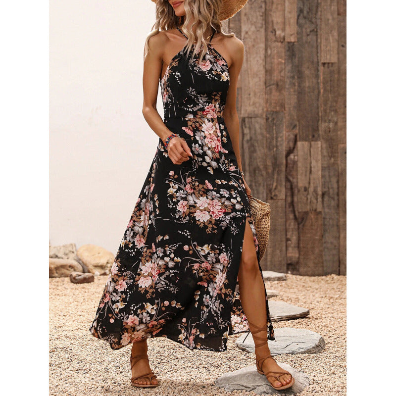 Dame Floral Print Halter Maxi Kjole med Sidelæg Stilla