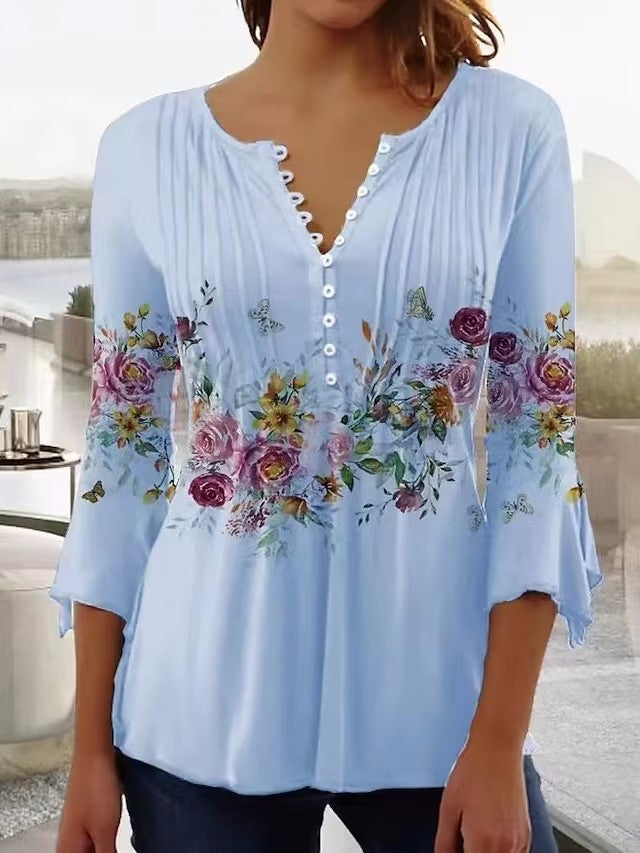 Dame nan luftig tunika-bluse med akvarel blomsterbånd, kælderfolder og trekvartærmer Skovae