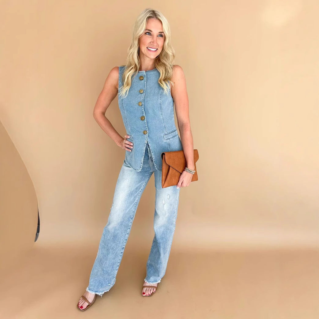 Dame mode Denimvest med elegante knapdetaljer og lommer Stilla