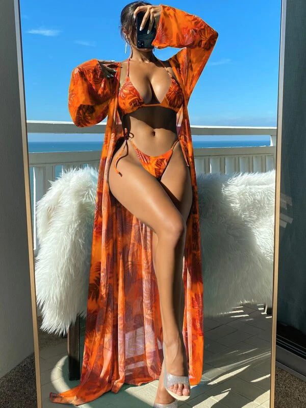 Dame Bikini-sæt med gennemsigtig kaftan og blomsterdesign Skovae