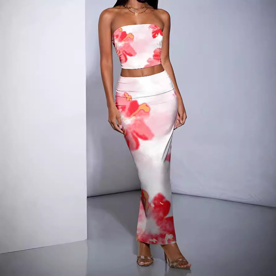 Dame blomsterprint crop top og maxiskørt sæt Stilla