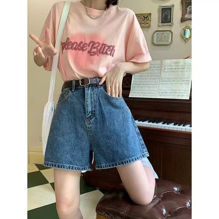 Kvinders denim shorts med høje lommer og løs pasform