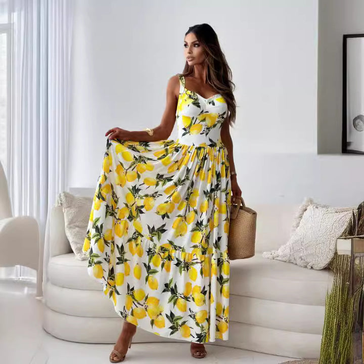 Dame blomsterprint maxi kjole med sidelængde Stilla