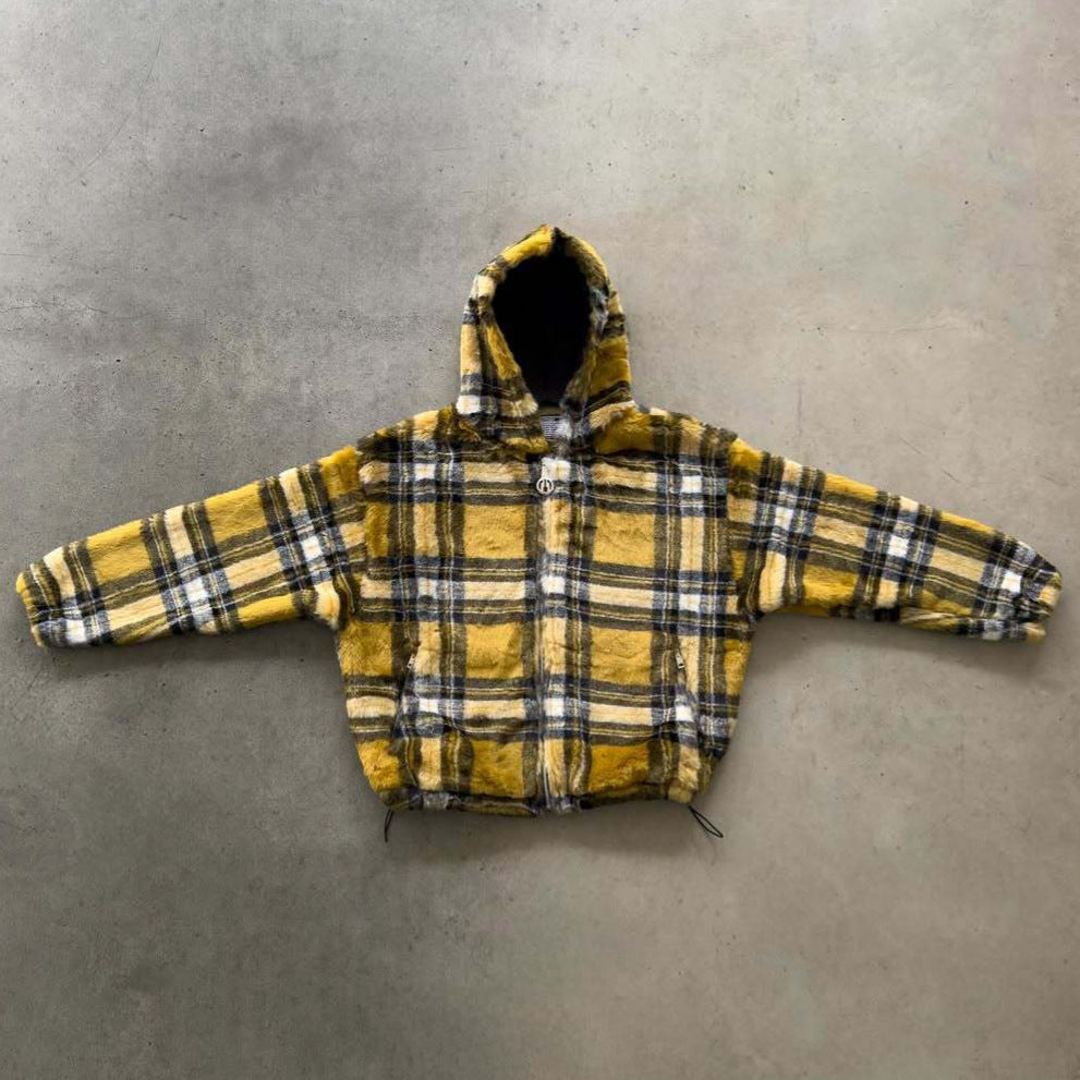 Unisex nan forede plaid-fleece-bomberjakke med hætte snøre og lynlås-lommer Skovae
