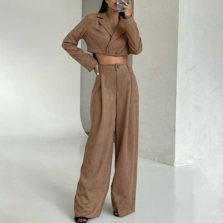 Dame Cropped Blazer og Vidde Bukser Sæt Stilla