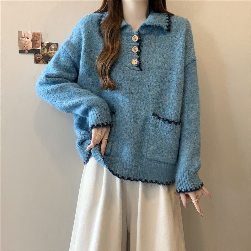Kvindernes strikkede sweater med krave og knapdetaljer Stilla