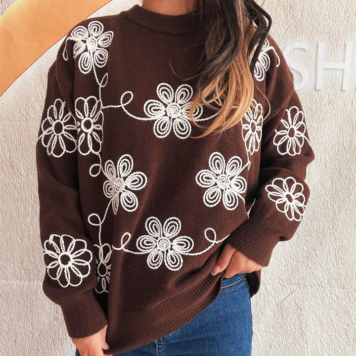 Kvindernes hyggelige strikket sweater med blomster mønster og høj krave Stilla