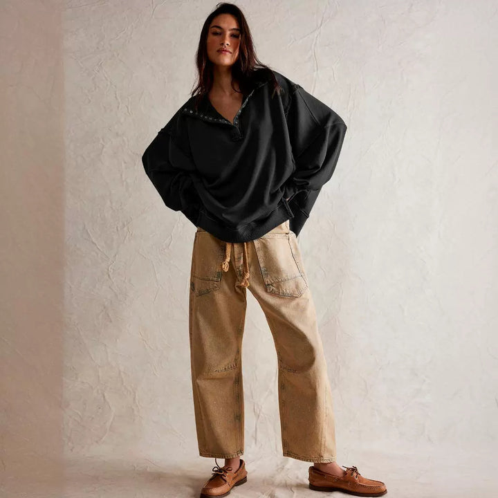 Dame afslappet oversized pullover med knaplukning og ufuldendte sømme Stilla