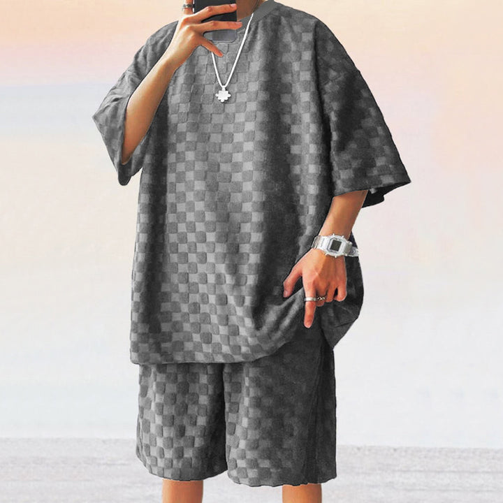 Unisex nan struktureret relief-sæt lavet af honningcomb-jersey med oversized skjorte og knælang shorts Skovae