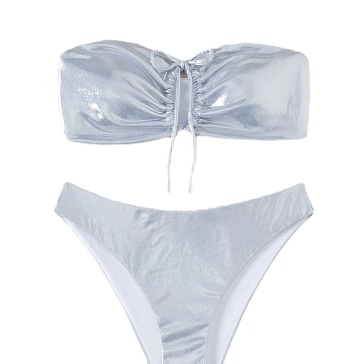 Dame Bandeau-bikini med skinnende top og høj benudskæring Skovae