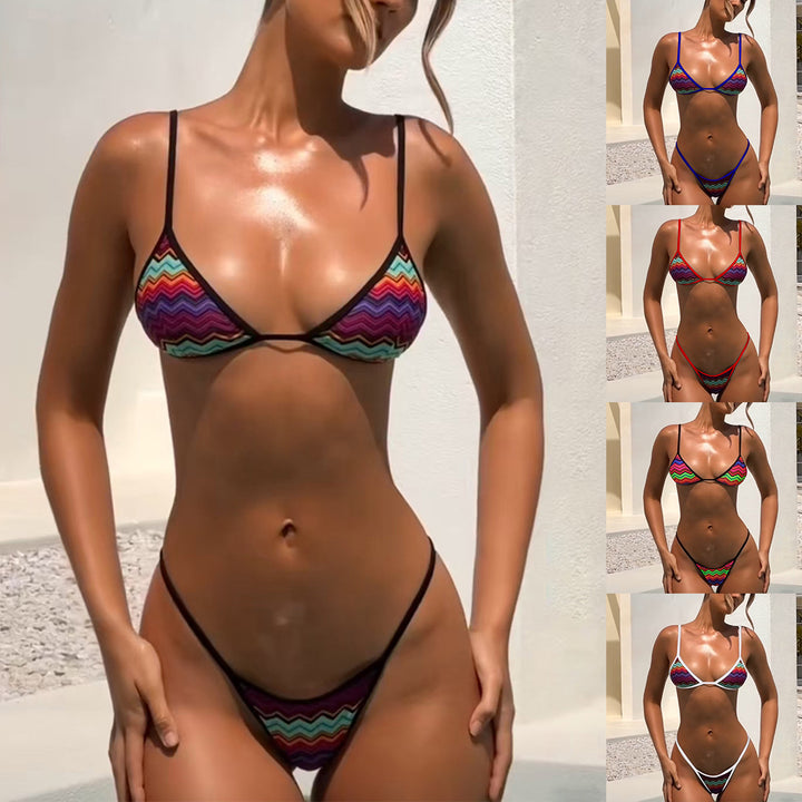 Dame triangel-bikini med justerbare bindebånd og friskt stribemønster Skovae