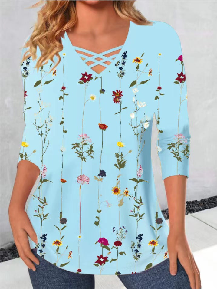 Dame langærmet skjorte med blomsterprint og V-udskæring Stilla