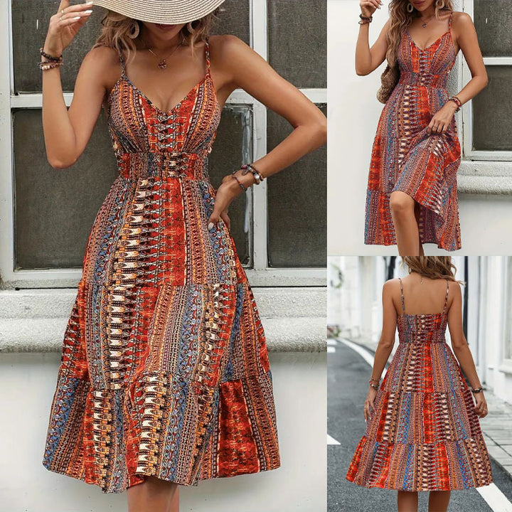 Dame Bohemian tryk midi kjole med justerbare spaghetti stropper Stilla