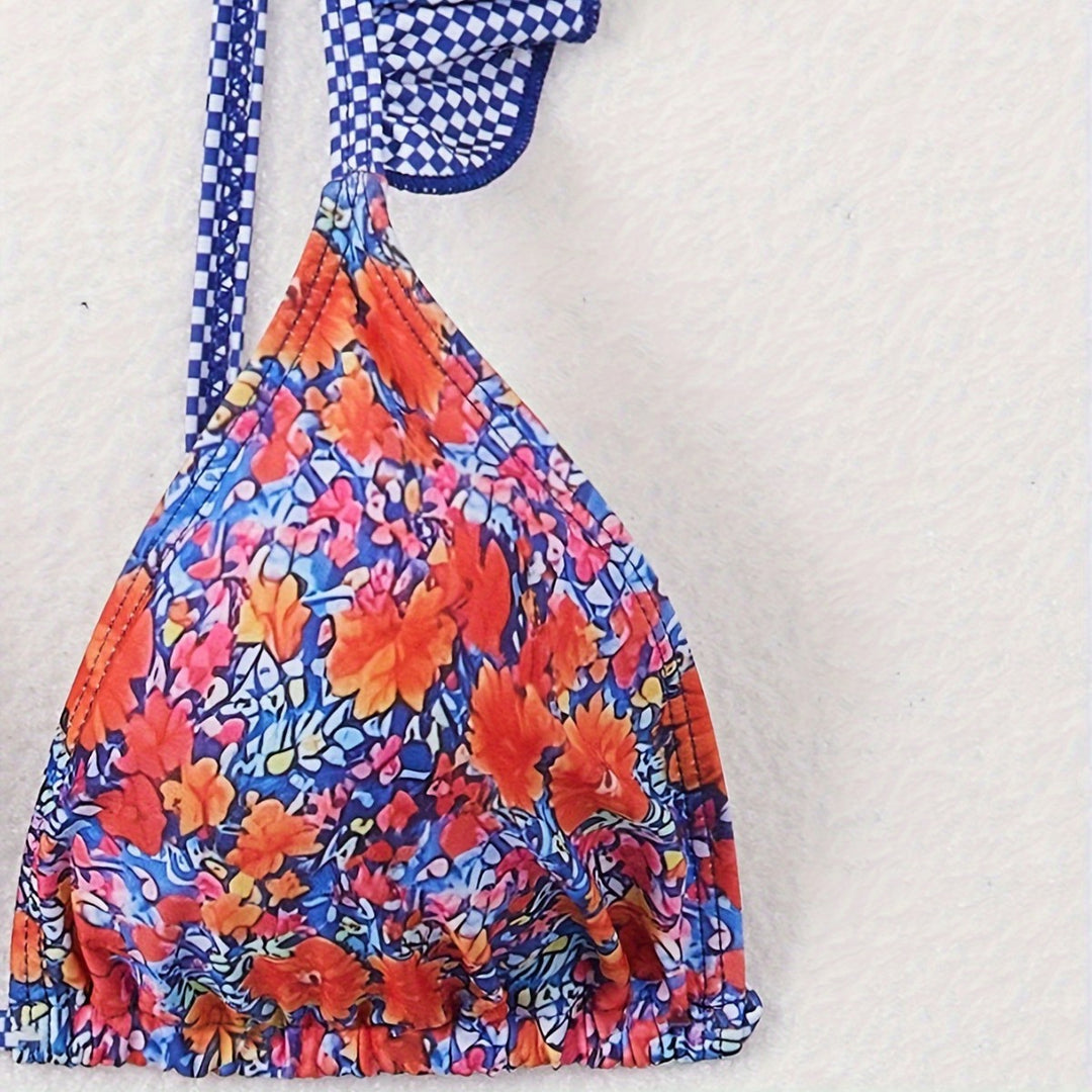 Dame triangel-bikini-sæt med florale ruffles-detaljer og justerbare stropper Stilla