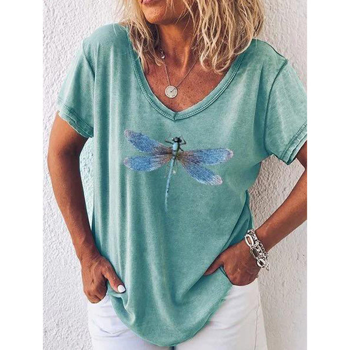 Damer V-hals grafik T-shirt med libelle-design Stilla