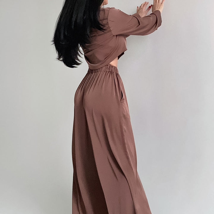 Dame Satin Cropped Bluse og løstsiddende Bukser Kombi Sæt Stilla
