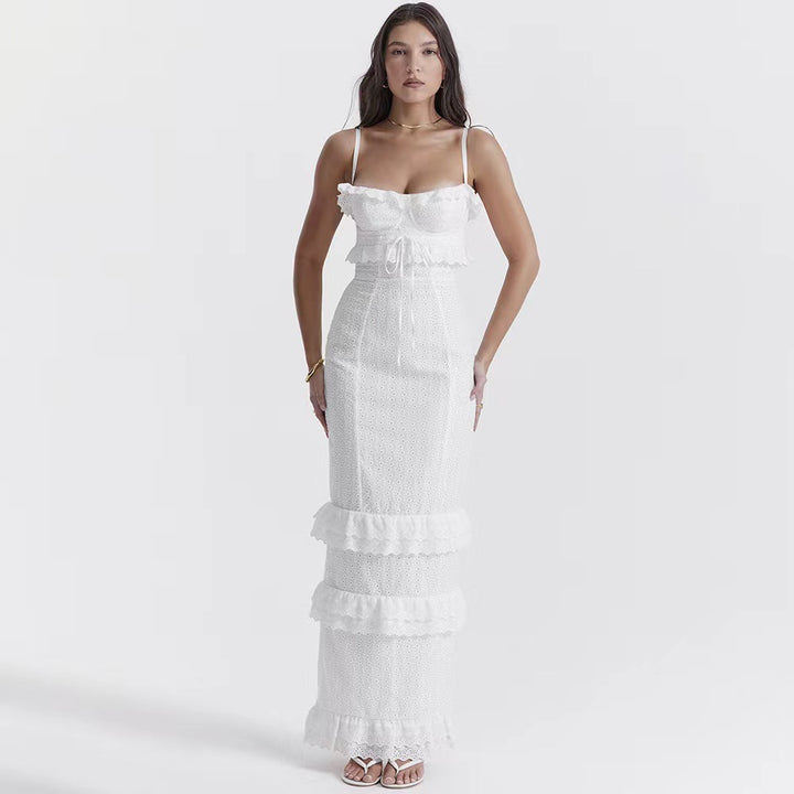 Dame elegant spidsmaxikjole med ruffle detaljer og smalle spaghetti stropper Skovae