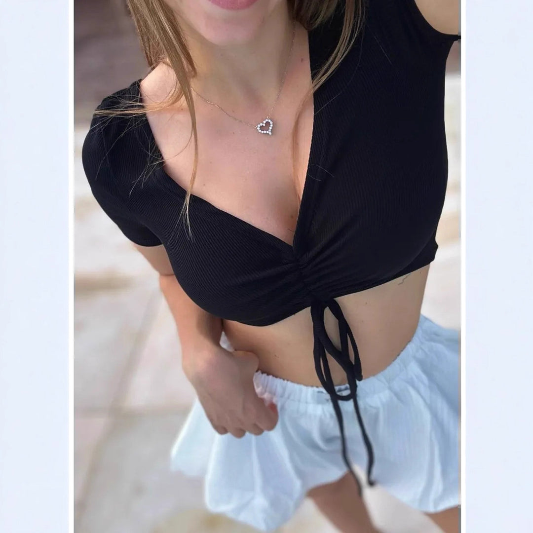 Dame Crop-Top med mode rynkeelement og snor