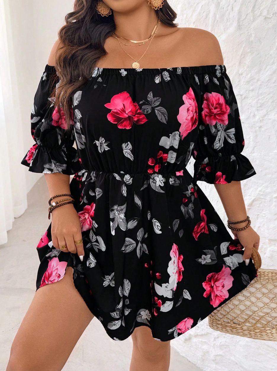 Dame Off-Shoulder Blomsterkjole med Flæseærmer Stilla