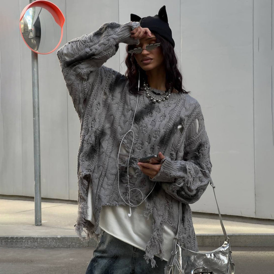 Kvinders chunky strikket oversized sweater med frynser Stilla